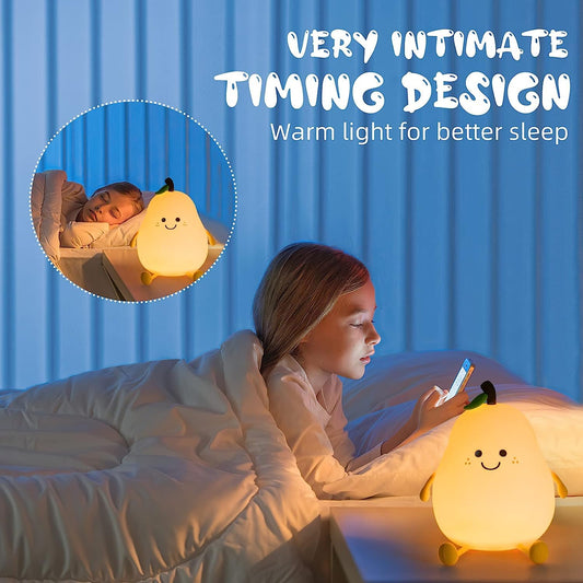 Silicone Pear Night Light – USB Rechargeable, 7-Color LED, Touch Control Lamp