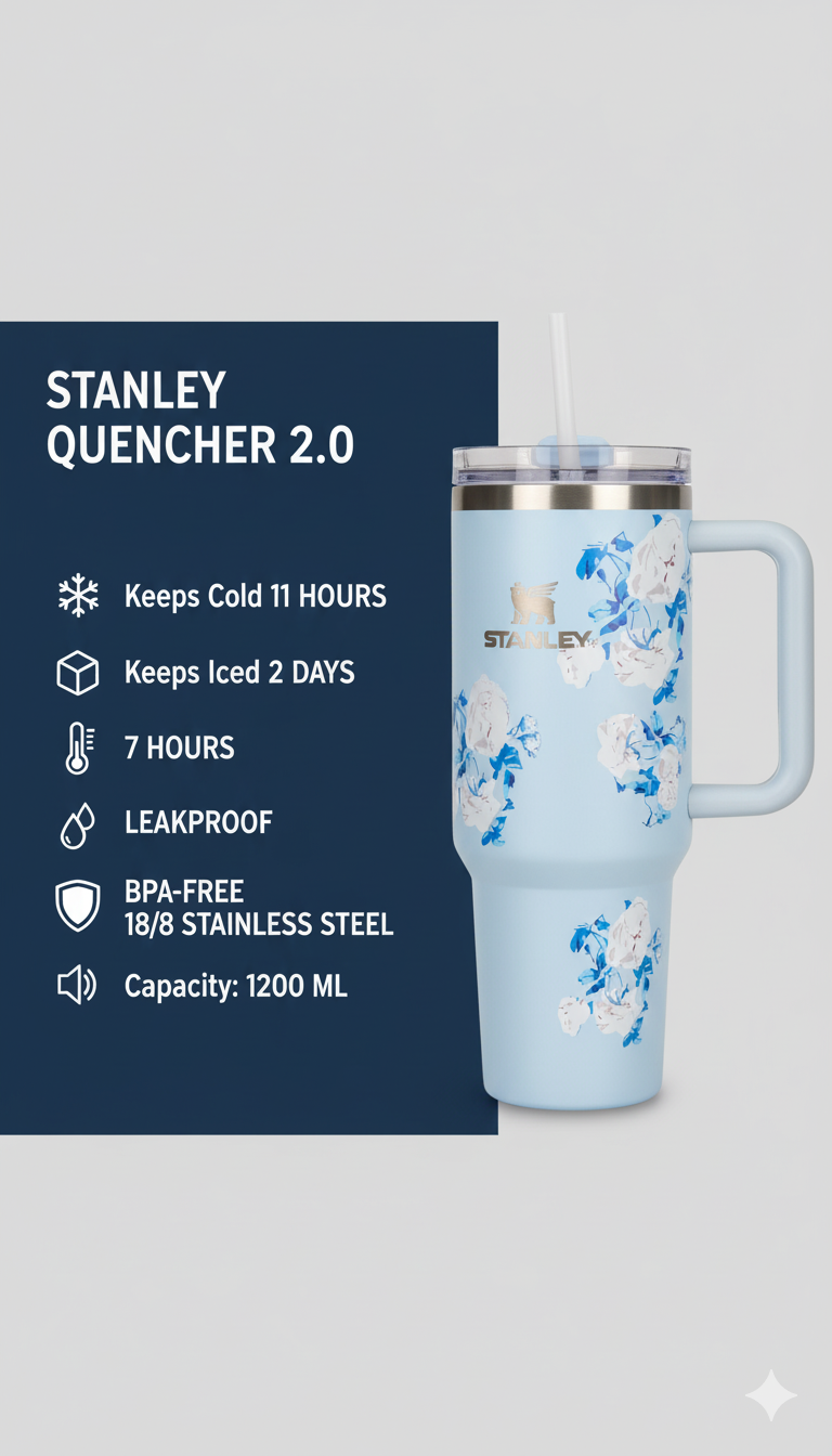 Stanley Quencher H2.0 Flowstate Stainless Steel Vacuum Insulated Tumbler, 40 OZ / 1.18 L (Floral))