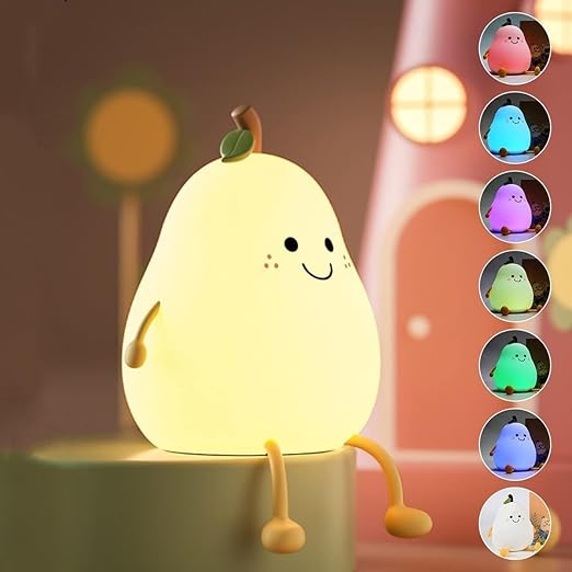 Silicone Pear Night Light – USB Rechargeable, 7-Color LED, Touch Control Lamp