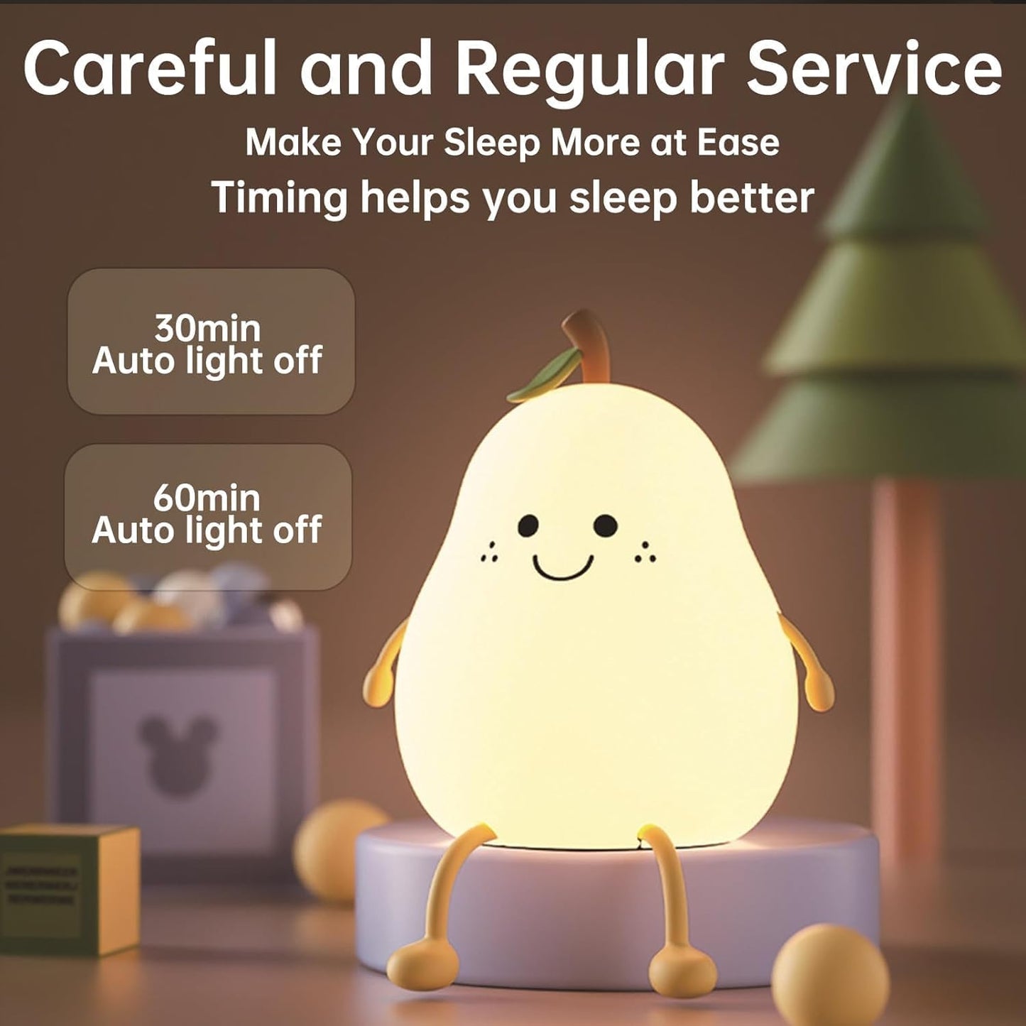 Silicone Pear Night Light – USB Rechargeable, 7-Color LED, Touch Control Lamp