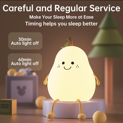 Silicone Pear Night Light – USB Rechargeable, 7-Color LED, Touch Control Lamp