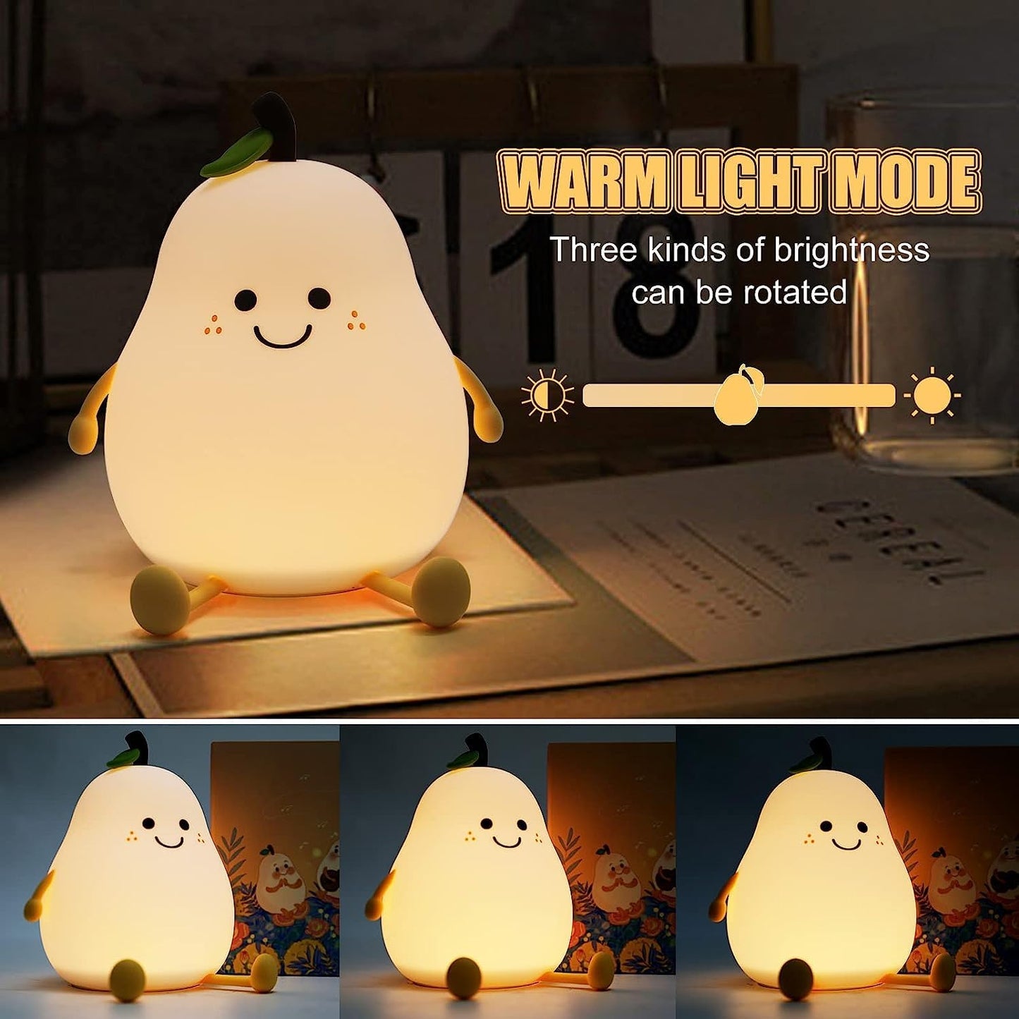 Silicone Pear Night Light – USB Rechargeable, 7-Color LED, Touch Control Lamp