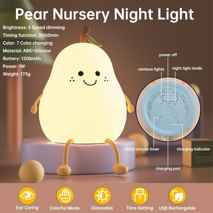 Silicone Pear Night Light – USB Rechargeable, 7-Color LED, Touch Control Lamp