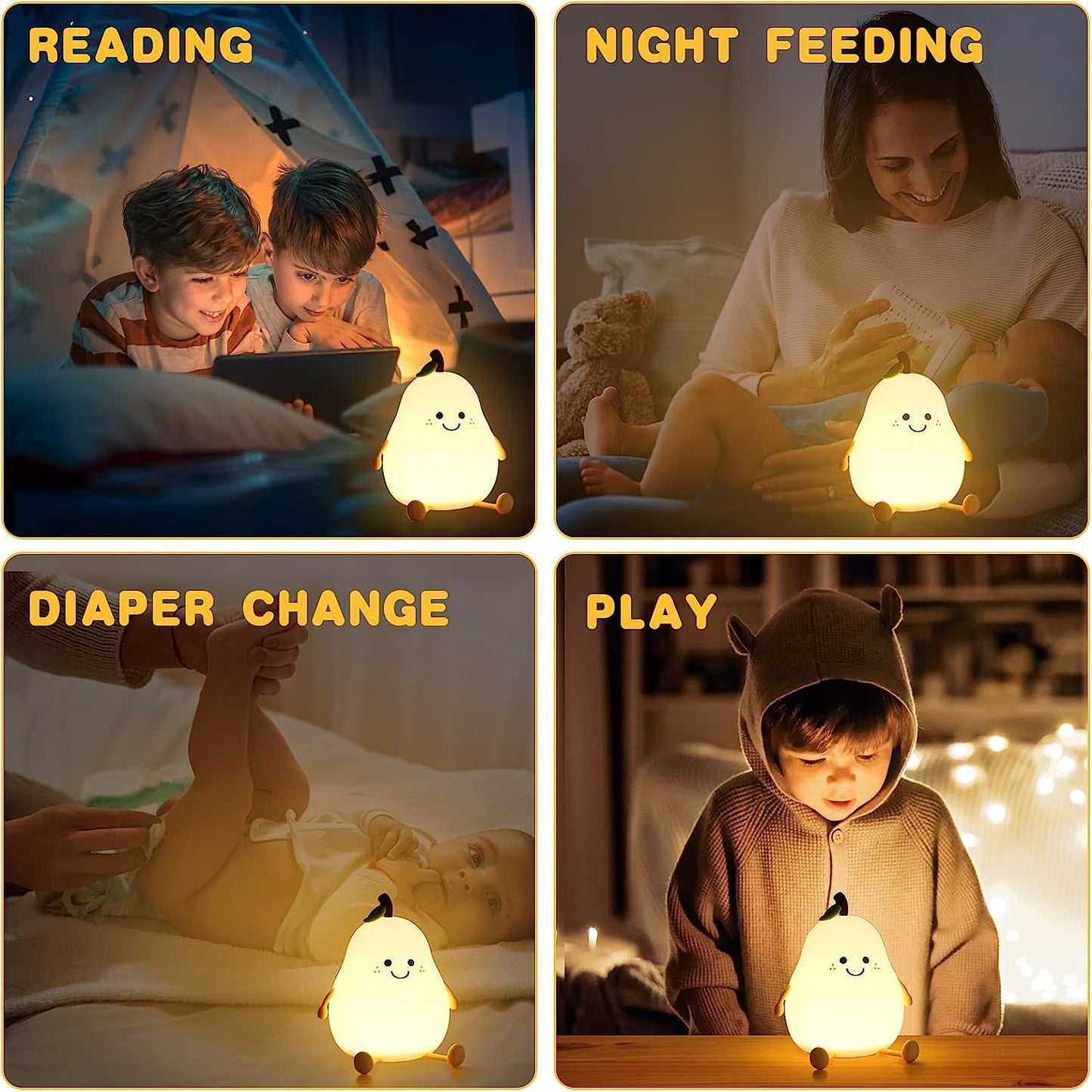 Silicone Pear Night Light – USB Rechargeable, 7-Color LED, Touch Control Lamp