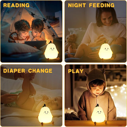 Silicone Pear Night Light – USB Rechargeable, 7-Color LED, Touch Control Lamp
