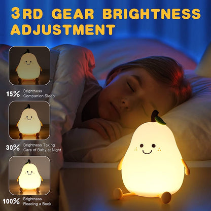 Silicone Pear Night Light – USB Rechargeable, 7-Color LED, Touch Control Lamp