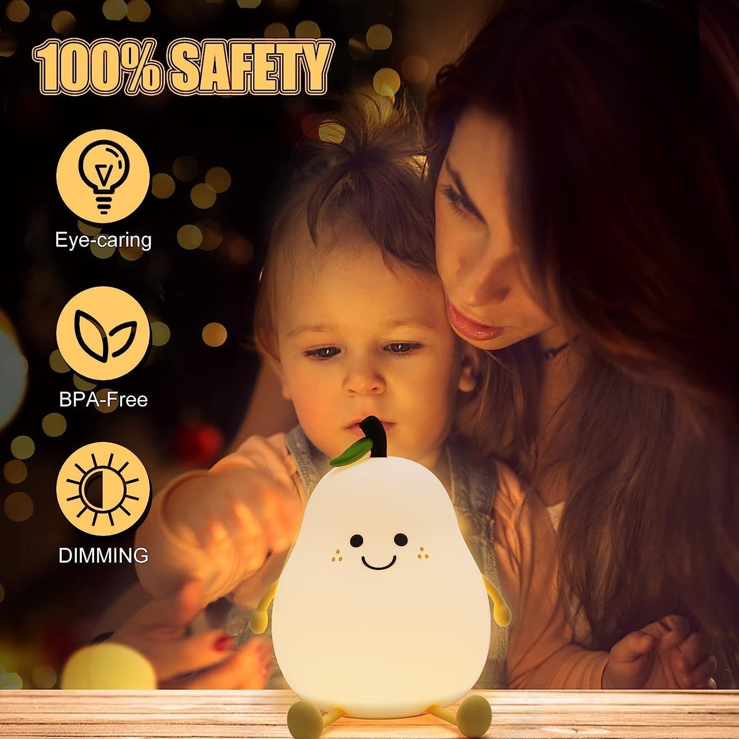 Silicone Pear Night Light – USB Rechargeable, 7-Color LED, Touch Control Lamp